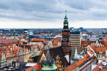 Fototapeta na wymiar Landmark view of Wroclaw red rooftops and cathedrals