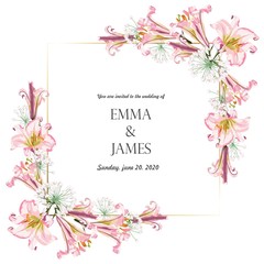Save the Date Card Template with Golden Frame and Pink lilies Flowers. Wedding Invitation, Greeting with Floral Ornament.