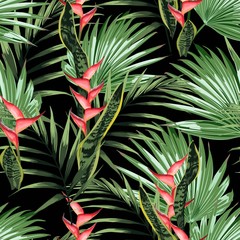 Obrazy na Szkle  Tropikalny wzór z kwiatami i liśćmi heliconia. Egzotyczny wzór z tropikalnymi liśćmi. Tło z hawajskimi kwiatami i roślinami.