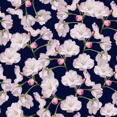 Obraz premium Sakura. Seamless pattern. Pink Cherry blossom branches. Spring botanical illustration. Dark blue background.
