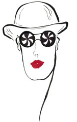 Stylized markers and ink fashion illustration of a girl in glasses and a hat