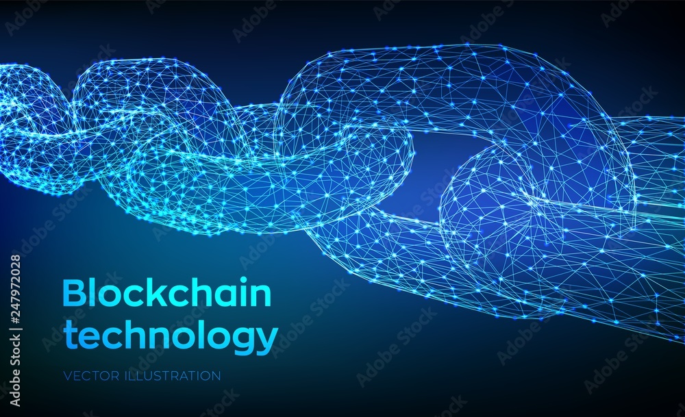 Poster block chain. crypto currency. blockchain concept. 3d low polygonal chain consists of network connect