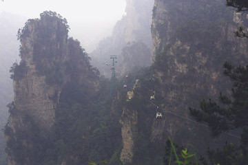 A view of the cable car over misty Wulingyuan Scenic area, Zhangjiajie