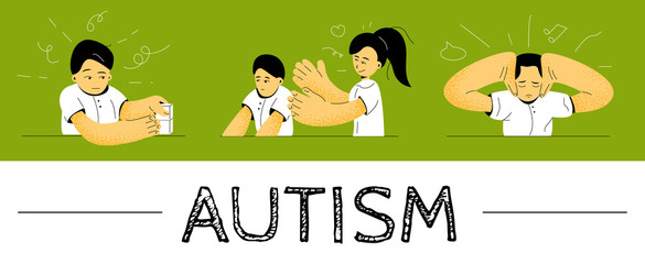Autism. Early signs of autism syndrome in children. Signs and symptoms of autism in a child. Vector set of flat illustrations