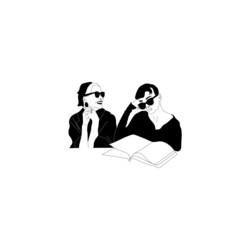 Fashionable woman with glasses. Girlfriends with coffee and a book. Girl in trend clothes. Monochrome Vector Illustration