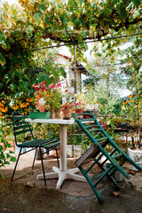 Sunny terrace with flowers, table and green chairs