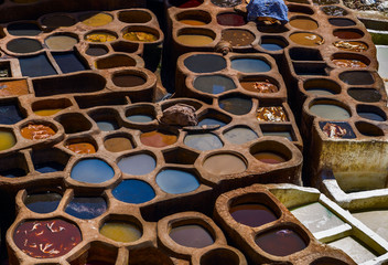 Morocco, Africa, Fez, Leather dyehouses of the city of Fez.