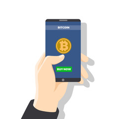 Hand holding smartphone with bitcoin icon on screen