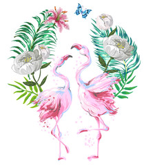 Beautiful pink flamingo composition with tropic leaves, flowers and butterfly isolated on white background.Valentine day design