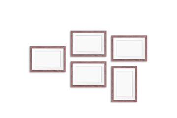 Frames collage, five brown realistic wooden frameworks isolated on white background, 3d illustration