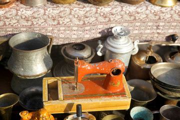 Old oriental antiques barass vases on street market in Baku, Azerbaijan. 