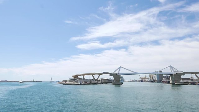 Boat trip in Barcelona harbour. Sea view on Cruise Port Terminal and liner