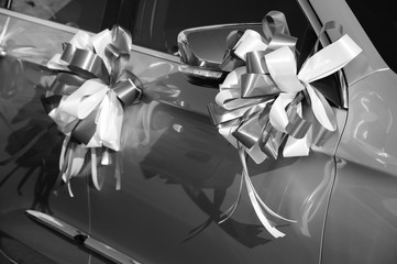 Bow arrangement on the wedding car in Old Jaffa (Tel Aviv-Jaffa, Israel). Reflection of ancient...