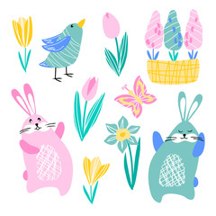 vector rabbit hare butterfly bird daffodil tulip crocus hyacinth spring flowers on white for childish cute cartoon design paper textile sticker