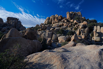 Amazing landscapes at Joshua Tree Park with mountains, rocks and desert plains at sunrise