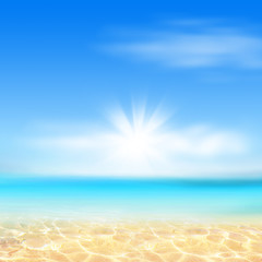 Summer background, nature of tropical golden beach with blue sky and white clouds. Golden sand...