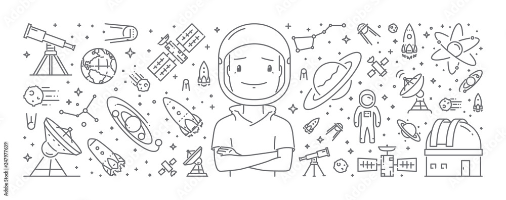 Poster vector line web banner astronomy. open path