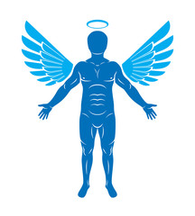 Vector graphic illustration of muscular human made using angelic bird wings and halo. Guardian angel.