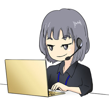 パソコンと話す黒いシャツの女性