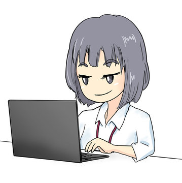 パソコンを操作する白いシャツの女性