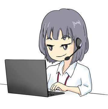パソコンと話す白いシャツの女性