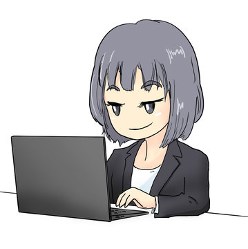 パソコンを操作する黒いジャケットの女性
