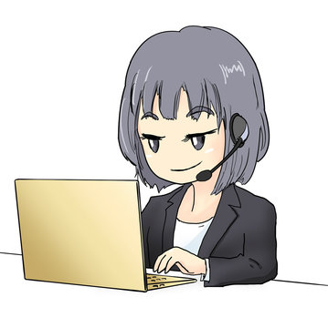 パソコンと話すジャケットの女性