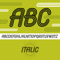 Vector cool capital alphabet letters, abc collection. Retro italic type font, script from a to z best for use in logotype creation. Made with triple stripy decoration.