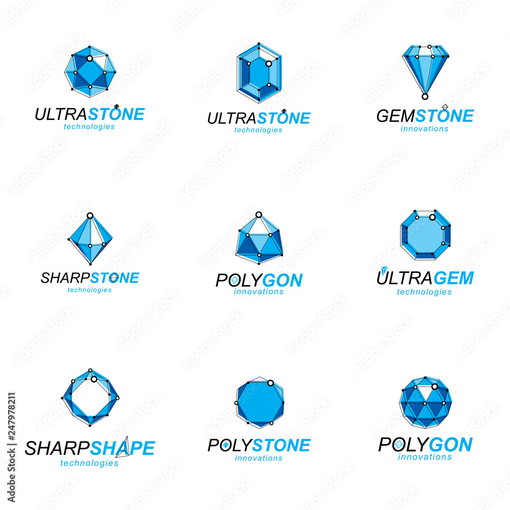 Poster set of perspective technology shapes, polygonal wireframe objects collection. collection of diamond 