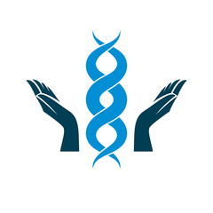 Obraz premium Caring hands hold a model of human DNA. Bioengineering as the direction of genetics, abstract vector scientific symbol best for use in education, science and humanity evolution research.