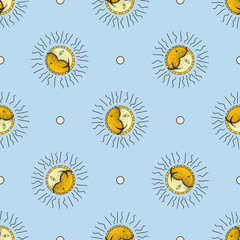 Sewing fabric with Hand drawn sun and moon seamless pattern. Doodle ...