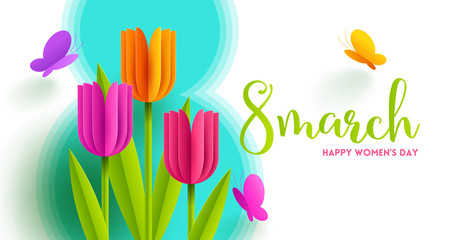 8 March International women's day illustration. Greeting card with paper tulips flowers and butterflies. Vector design.