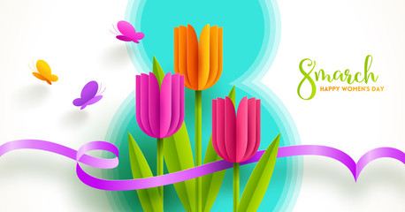 8 March International women's day illustration. Greeting card with paper tulips flowers and butterflies. Vector design.