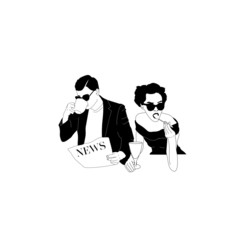 A man with a newspaper, a woman with a cup of coffee, fashionable girl with glasses, brutal stylish guy, a couple in love. Hand drawn vector illustration
