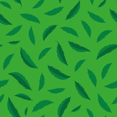 Textured green hand drawn leaves seamless vector pattern. Vibrant foliage. Perfect coordinate texture for web, stationery, textiles, home decor, wellbeing products, fabrics, packaging