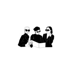 a company of stylish girlfriends, a girl or woman in sunglasses and trendy clothes, a girl with coffee. Hand drawn vector illustration