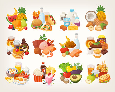 Set of food icons arranged in categories. Fruit and vegetables, meat and dairy, desserts and breakfast foods. Isolated colorful vector images.