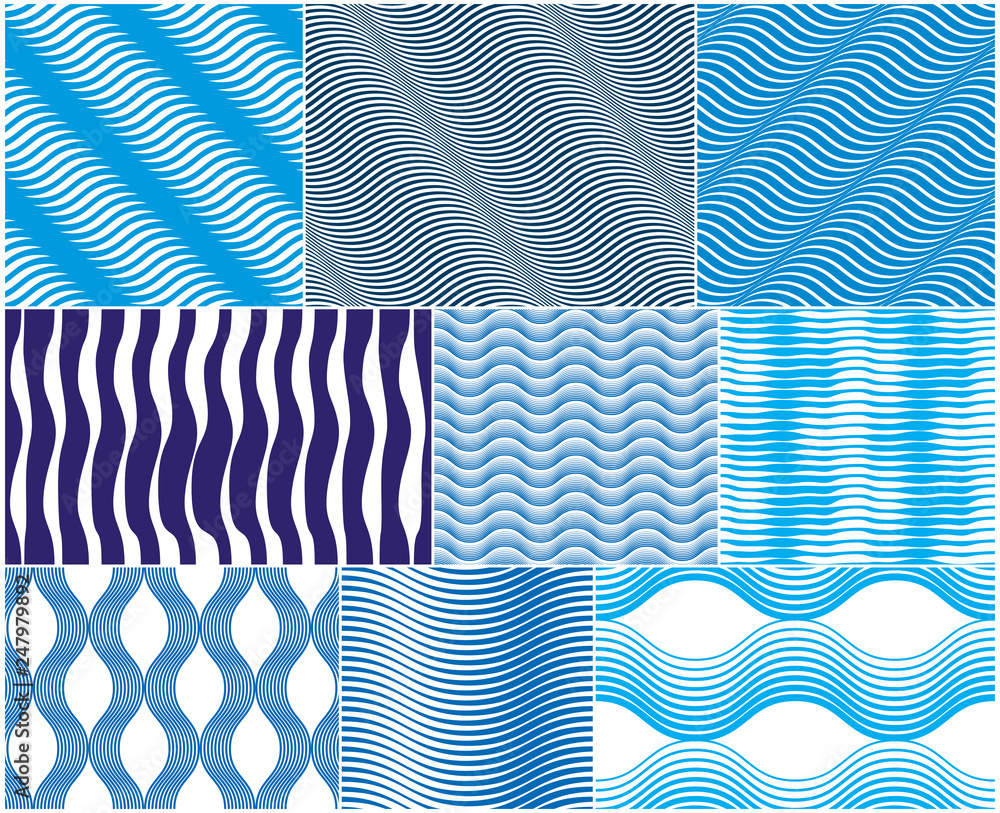 Poster chaotic waves seamless pattern, vector curve lines abstract repeat tiling background, blue color rhy