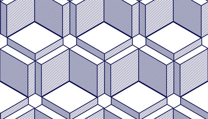 Geometric cubes abstract seamless pattern, 3d vector background. Technology style engineering line drawing endless illustration. Single color, black and white.