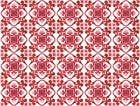 Colorful vintage ceramic tiles wall decoration.Turkish red ceramic tiles wall background
