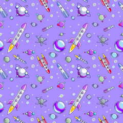 Space seamless background with rockets, planets and stars, undiscovered galaxy cosmic fantastic and interesting textile fabric for children, endless tiling pattern, vector illustration cartoon motif.