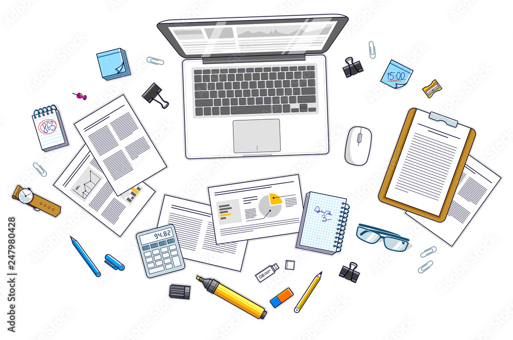 Fototapete Office desk workspace top view with PC notebook and analytics papers with graphs and data and stationery objects on table. All elements are easy to use separately or recompose illustration. Vector.