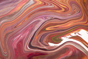 Fototapeta premium Abstract painting background in red warm tones. Marbleized effect with fluid painting, background suitable for wallpapers, poster art, postcard. Swirls and stripes in red tone and white colors