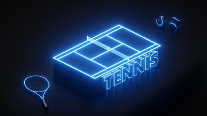 Tennis Court With Blue Neon Lights, Tennis Text, Racket And Balls. Isometric View - 3D Illustration