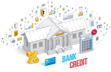 Credit concept, bank building with calculator and percent symbol isolated on white background, banking theme. 3d vector business isometric illustration with icons, stats charts and design elements.