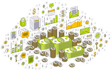 Cash money dollar stacks and coins cents piles isolated on white background. Isometric 3d vector finance and business illustration with icons, stats charts and design elements.