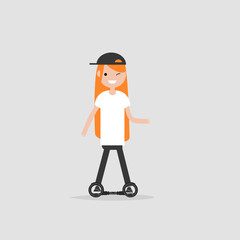 Young character rides on skate cycle.flat cartoon design
