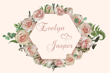 Wedding horizontal floral invitation, invite card. Vector watercolor set green forest fern, herbs, flowers, brunia, eucalyptus, branches boxwood, buxus, chamaelaucium and pink rose. Decorative frame