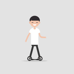 Young character rides on skate cycle.flat cartoon design