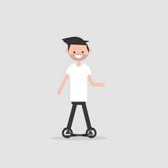 Young character rides on skate cycle.flat cartoon design